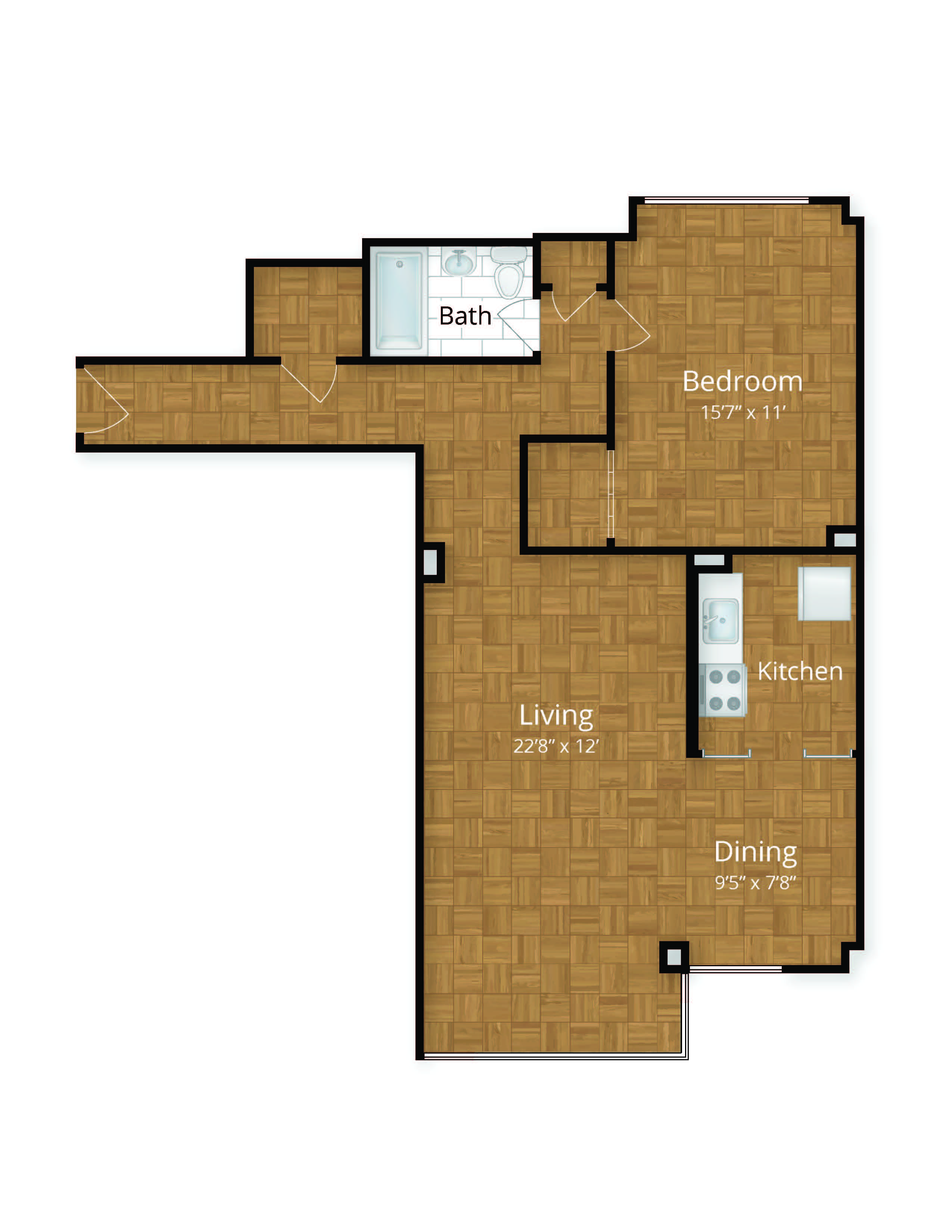 Floor plan for 1 bed, 1 bath, 861 sqft